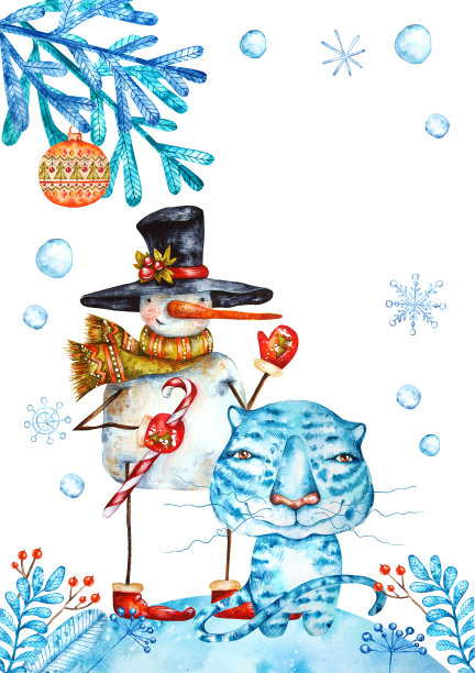 蓝老虎，2022年的象征。用水彩手绘的明信片图片下载