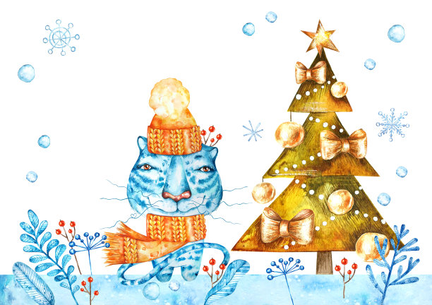 蓝老虎，2022年的象征。用水彩手绘的明信片图片下载