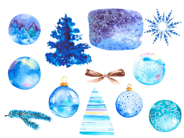 在白色背景上孤立的一组蓝色圣诞装饰品。圣诞树，气球，蝴蝶结，树枝和雪花，水彩画。图片下载