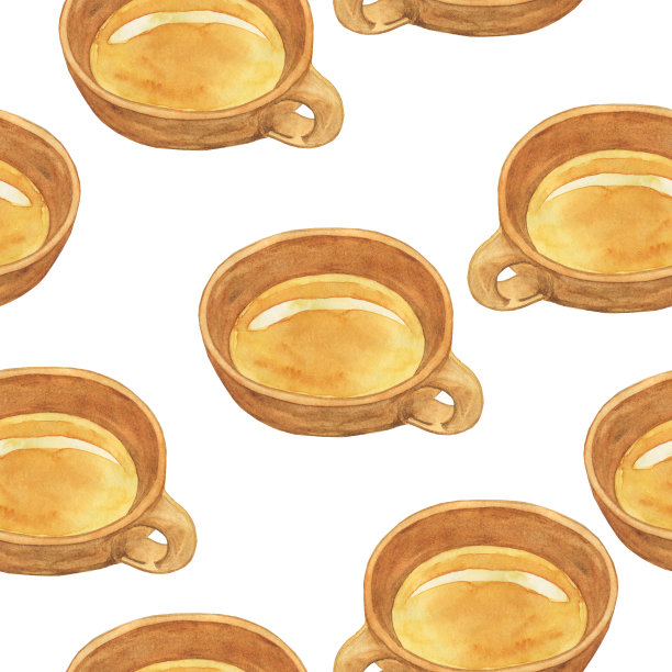 粘土杯或马克杯无缝图案在白色的背景。水彩手绘插图。用纺织品或壁纸设计的棕色餐具。图片下载