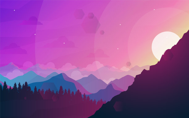 山的风景。日落场景在自然与山脉，森林，树木的剪影。徒步旅游。冒险。极简主义的图形传单。多边形平面设计，适用于礼券、礼券、礼品卡等图片下载