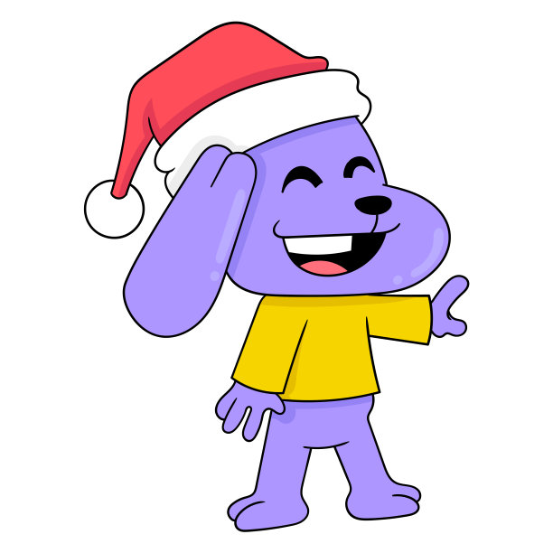 狗狗动物戴着圣诞帽开心地笑着，矢量插画艺术。涂鸦图标形象卡哇伊。图片下载