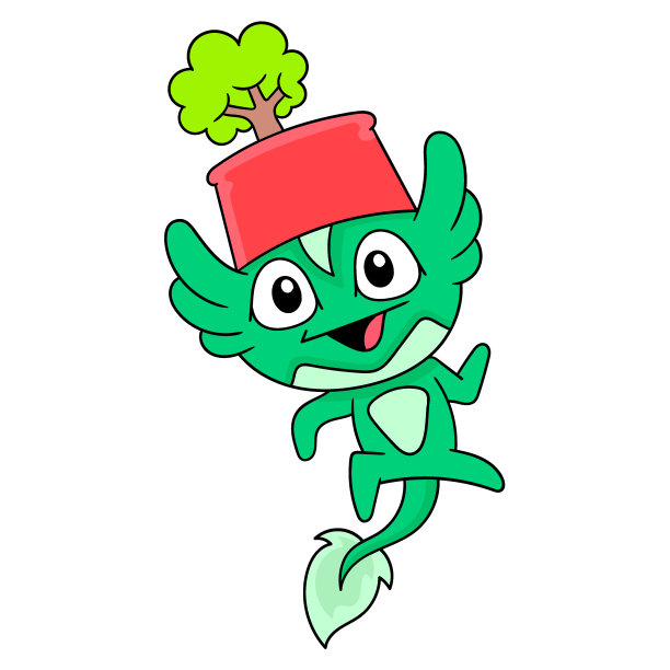 这只怪兽头上带着一棵带着笑脸的植物，矢量插画艺术。涂鸦图标形象卡哇伊。图片下载