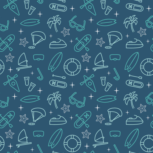 无缝矢量图案与水上运动设备。运动、游戏、器材及活动。织物，纸张，包装，纺织品，海报，剪贴簿，壁纸或背景，为网站或移动应用程序图片下载