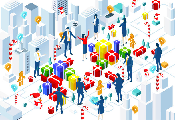 新年快乐，圣诞快乐，在大城市。等距商业概念说明。图片下载