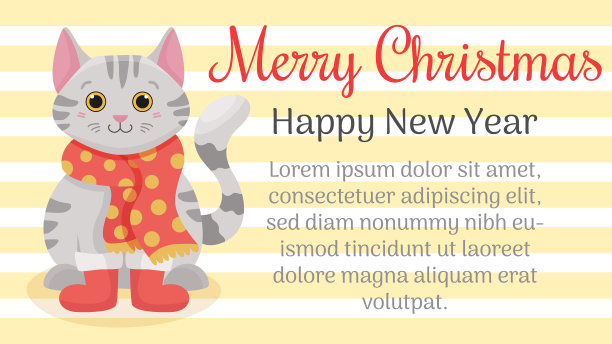 可爱的节日猫与题字圣诞快乐和新年快乐。矢量插图背景为贺卡，明信片，海报和请柬图片下载