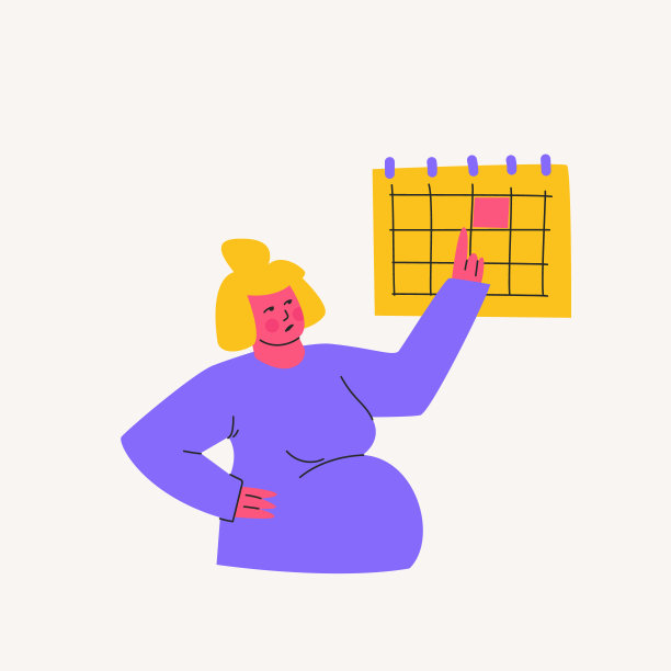 一位孕妇指着日历上的一个日期。与怀孕有关的问题悲伤和沉思的年轻女子。矢量卡通插图紫色，黄色，粉红色的颜色。图片下载