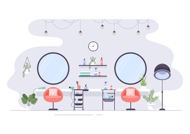 美容沙龙室内平面设计插图有家具，桌子，椅子，浴缸，镜子或吹风机洗，修指甲，修剪头发和化妆图片下载