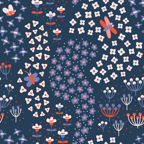 当代无缝图案与彩色抽象花卉。花卉拼贴设计面料，打印，剪贴簿。矢量图图片下载