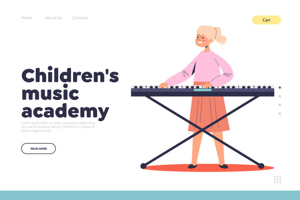 音乐学院为孩子的概念登陆页面与可爱的女孩玩合成器图片下载