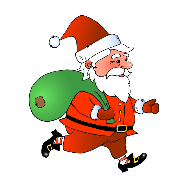 圣诞老人带着一袋礼物跑。矢量颜色明亮的手绘插图。新年和圣诞人物的扁平风格图片下载