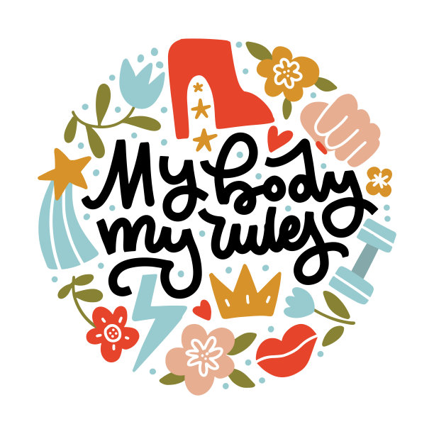 手绘有趣的字母引用-我的身体我的规则-与女孩元素。圆形徽章。矢量平面涂鸦插图的手绘风格。t恤，贴纸，海报，卡片的女权主义概念图片下载