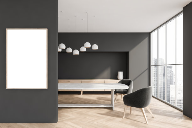 黑色餐厅内部与桌子和椅子靠近窗户，模拟海报图片下载