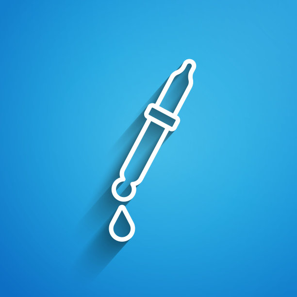 白线移液管图标孤立在蓝色背景。医疗、化学实验室设备。吸管与下降。医学的象征。长长的阴影。向量图片下载