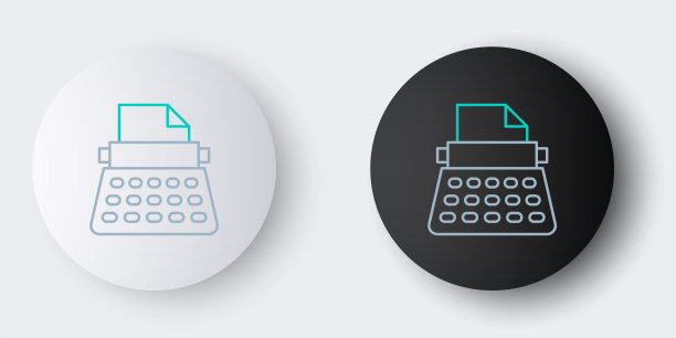 行复古打字机和纸张图标孤立在灰色背景上。色彩斑斓的轮廓的概念。向量图片下载