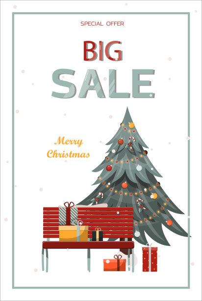 扁平矢量横幅圣诞大甩卖。卡通圣诞模板与节日装饰和食物。新年卡片上有圣诞花环、玩具和花环。明信片和请柬的背景图片下载