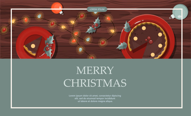 扁平矢量横幅圣诞快乐。卡通圣诞模板与节日装饰和食物。明信片和请柬的背景。新年餐桌上有馅饼和圣诞花环，玩具和花环图片下载
