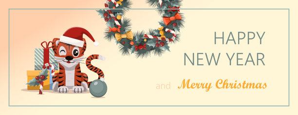 扁平矢量横幅圣诞快乐。卡通圣诞模板与节日装饰和食物。明信片和请柬的背景。新年餐桌上有馅饼和圣诞花环，玩具和花环图片下载