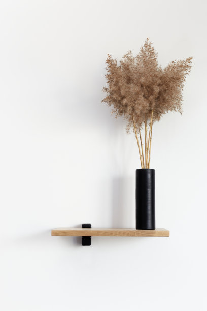 垂直照片的短木架与黑色支撑和斯堪的纳维亚风格的花瓶与干燥的植物在白色的墙壁背景。图片下载