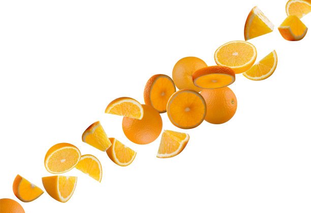 一片片的橙色在太空中飞翔，被隔离在白色的背景上。熟透美味的柑橘水果。开胃橙片，多汁鲜片。健康食品，节食和烹饪理念。图片下载