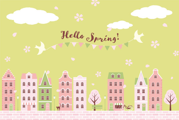 矢量背景与城市景观的房子和樱花横幅，卡片，传单，社交媒体壁纸等。图片下载