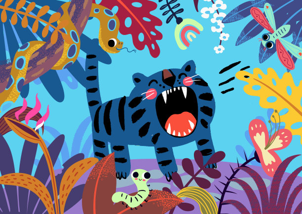 丛林热带夜背景与可爱的咆哮老虎。以丛林景观为背景的插图，用热带植物和树木的叶子和花朵制作的装饰品图片下载