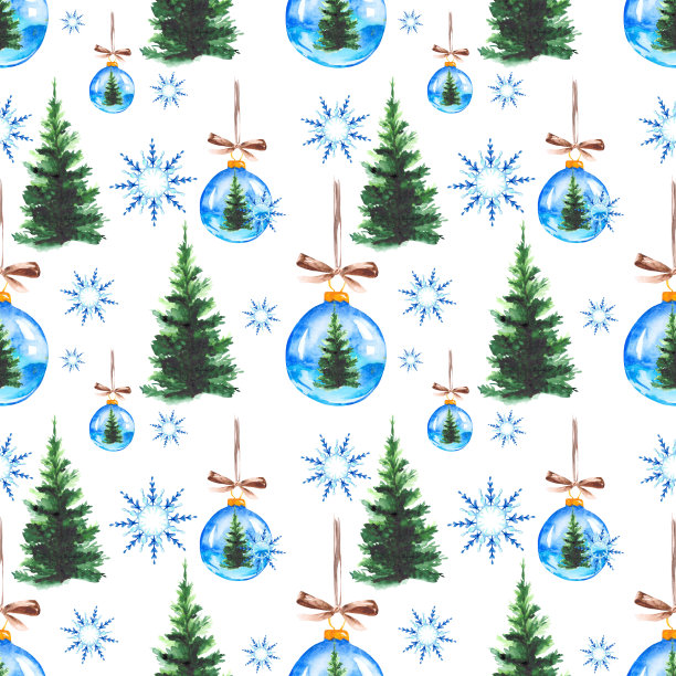 无缝的圣诞图案，绿色的圣诞树，雪花和玻璃节日气球。为纺织品，壁纸和包装的水彩背景。图片下载
