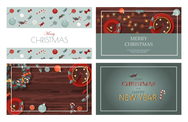 圣诞快乐，新年快乐。卡通圣诞模板与节日装饰和食物。明信片和请柬的背景。新年餐桌上有馅饼和圣诞花环，玩具和花环图片下载