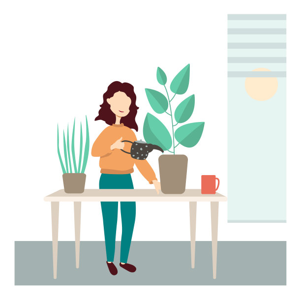 一个女孩正站在办公室的办公桌前给植物浇水。图片下载