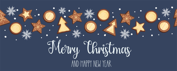 圣诞横幅与饼干无缝水平构图与文字圣诞快乐。有雪花的姜饼饼干。平面风格的矢量插图图片下载