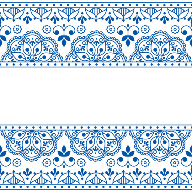 斯堪的纳维亚民间艺术轮廓矢量无缝贺卡图案，海军蓝复古设计花卉灵感来自旧刺绣背景图片下载
