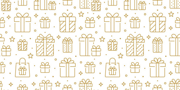 礼品金色无缝图案。向量在白色背景上包括线图标作为盒子，包装，圣诞，惊喜，纸，手提包轮廓象形圣诞礼物图片下载
