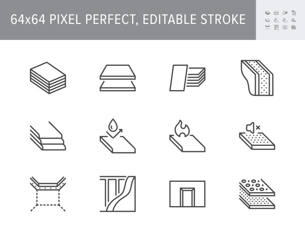 干一行图标。矢量插图包括图标-石膏板，隔音，声学保护，天花板板，轮廓象形墙板材料。完美的64x64像素，可编辑的描边图片下载