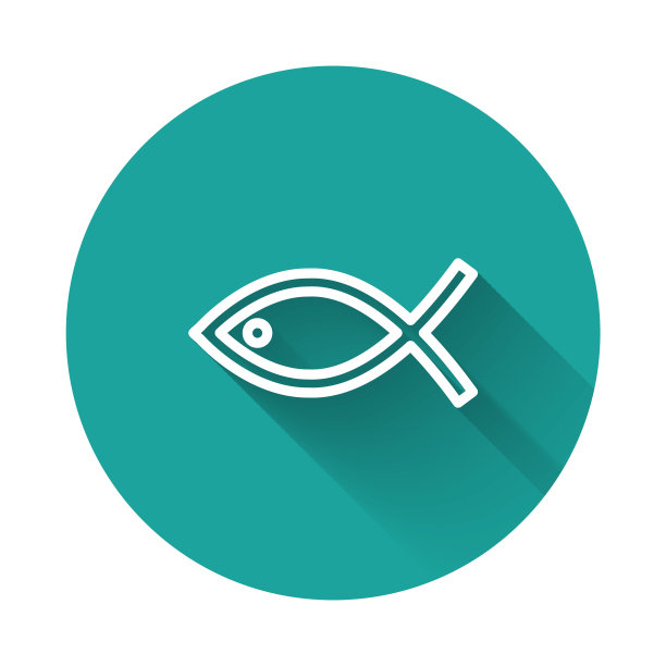 白线基督教鱼符号图标孤立与长阴影背景。耶稣鱼象征。绿色圆圈按钮。向量图片下载