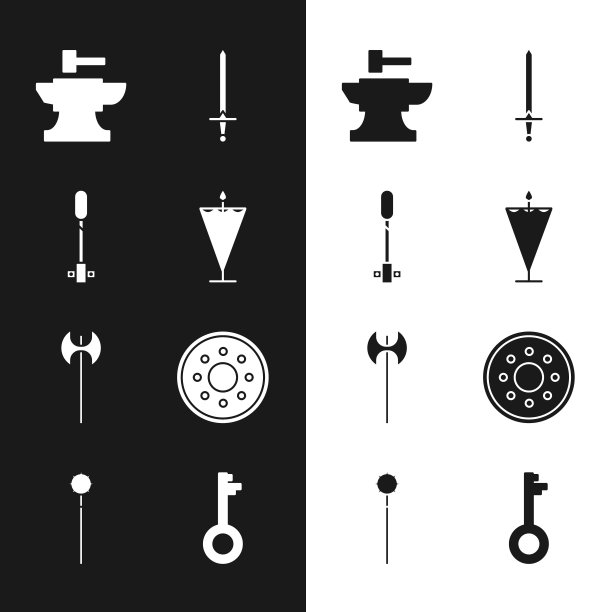 设置中世纪的旗帜，火炬火焰，铁砧为锻造锤，剑，斧头，圆形木盾，旧钥匙和链状锏球图标。向量图片下载