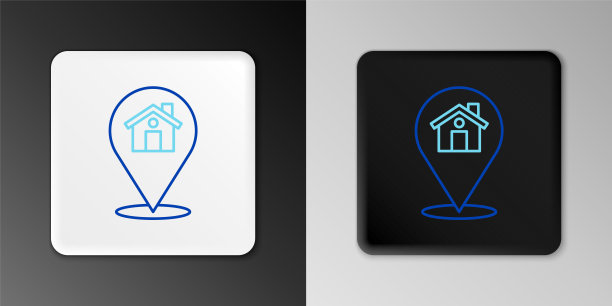 线地图指针与房子图标孤立在灰色背景。家庭位置标记符号。色彩斑斓的轮廓的概念。向量图片下载