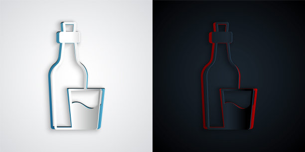 剪纸烧酒瓶图标孤立在灰色和黑色的背景。韩国大米伏特加。纸艺术风格。向量图片下载