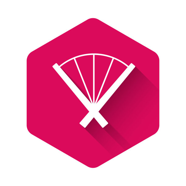 白色传统的中国或日本折扇图标与长阴影背景孤立。粉红色的六角按钮。向量图片下载