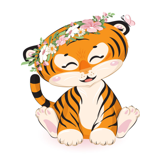 可爱的小老虎头戴白色花圈图片下载
