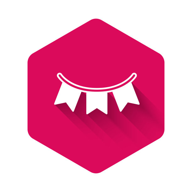 白色嘉年华花环与旗帜图标孤立与长阴影背景。生日庆典、节日装饰用的派对旗子。粉红色的六角按钮。向量图片下载