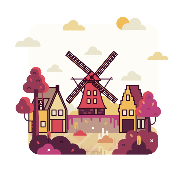 河边有船坞和风车。矢量卡通插图在平坦的阶梯图片下载