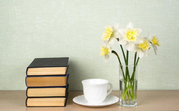玻璃花瓶里的一束淡色水仙花，一堆深色封面的厚书，一个白色的杯子。阅读观念，现代与古典文学。图片下载