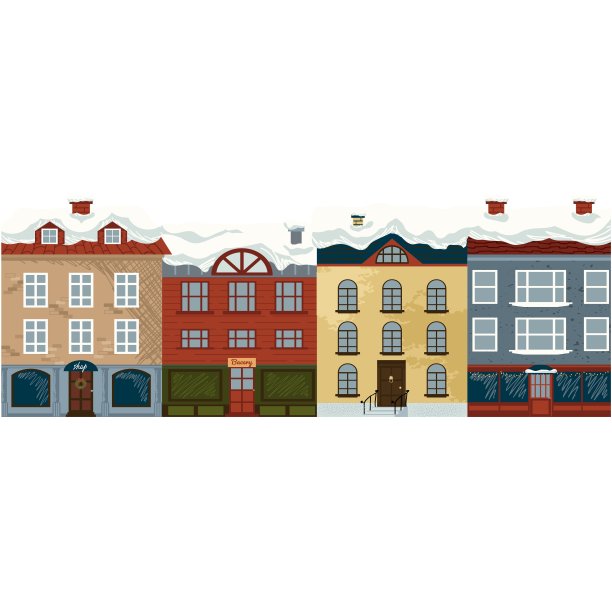 街道上的房子和屋顶下的雪向量图片下载