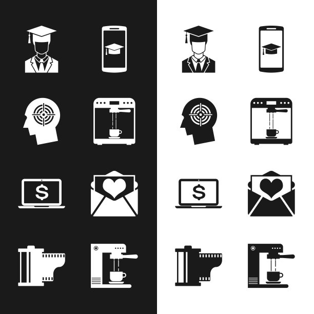 设置咖啡机和杯子，猎头概念，毕业生带毕业帽，毕业手机，笔记本电脑美元和信封情人节心形图标。向量图片下载