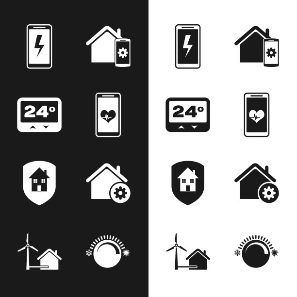 设置移动与心率，恒温器，充电电池，智能家居远程控制系统，房子下的保护，设置，和风力涡轮机图标。向量图片下载