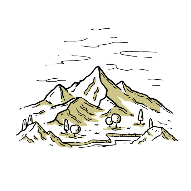 雕刻风格的山景。有河流和森林的山谷。古老的复古手绘插图。高的山脉图片下载