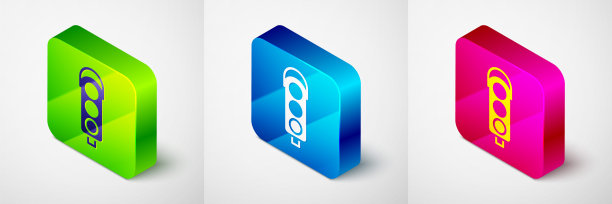等距交通灯图标孤立在灰色背景。方形按钮。向量图片下载