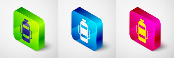 等距水龙图标孤立在灰色背景。潜水员的氧气罐。潜水设备。极限运动。在水下潜水设备。方形按钮。向量图片下载