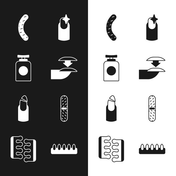 Set False nails, Tube of hand cream, Nail file, manicure, Broken, and Toe separator for pedicure图标。向量图片下载