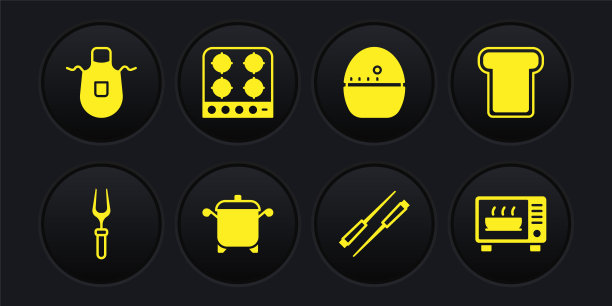 设置烧烤叉，面包烤面包，烹饪锅，食物筷子，厨房计时器，煤气炉，微波炉和围裙图标。向量图片下载